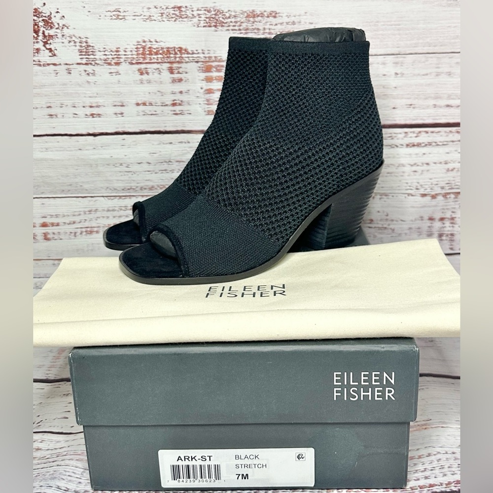 Eileen Fisher Ark Women's 7 Black Sock Booties Open Peep Toe Block Heel